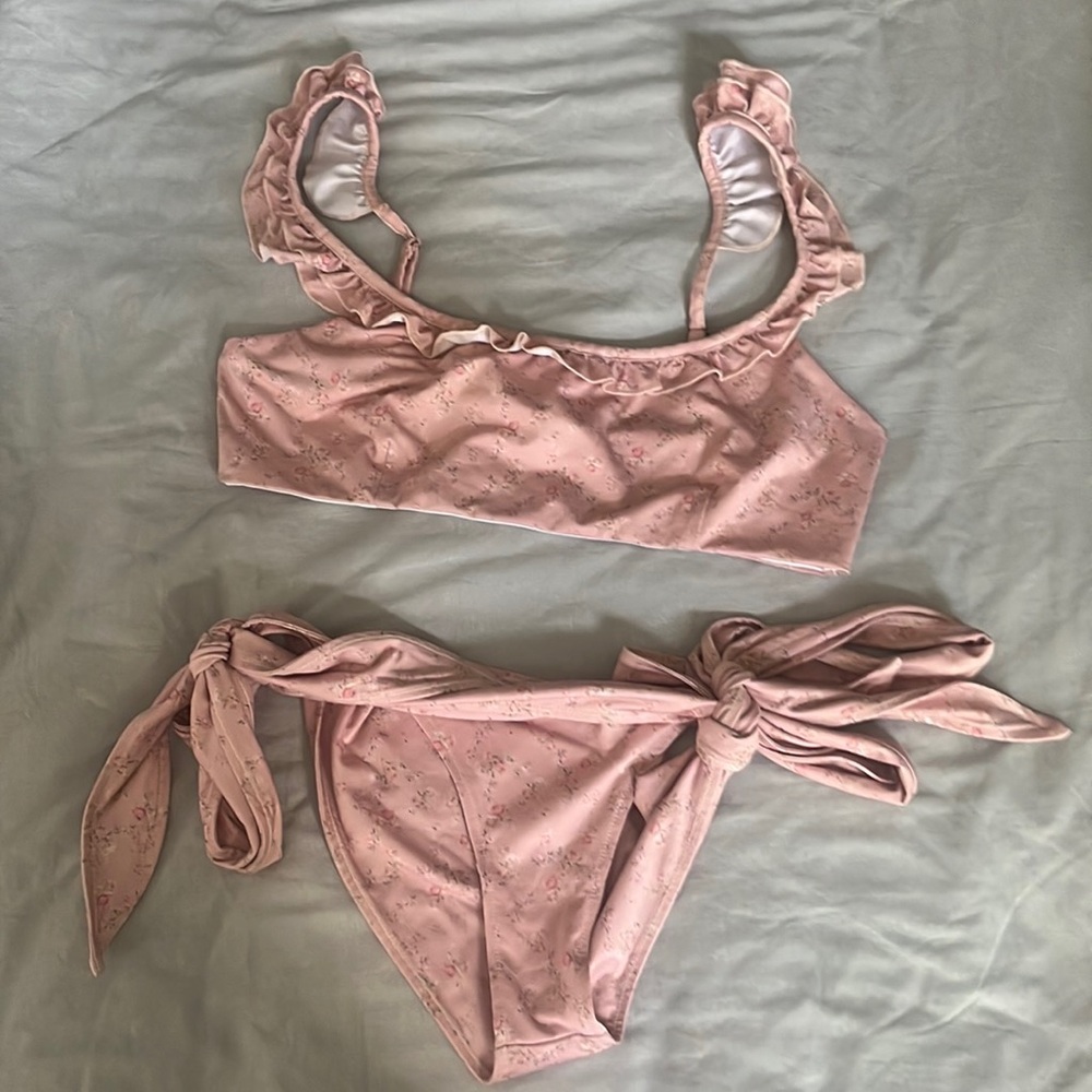 LoveShackFancy Pink Ruffle Tie-Side Bikini